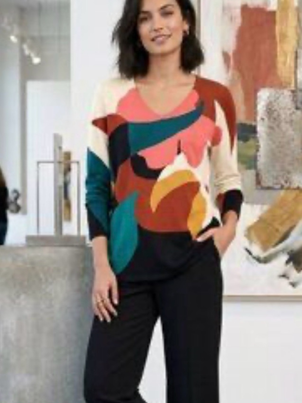 Chico's Abstract Print Sweater V-Neck Multi-Color Size Large Bold Statement Top